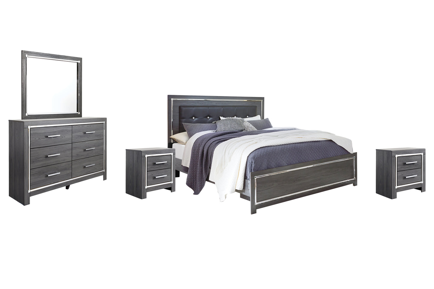 Lodanna King Panel Bed with Mirrored Dresser and 2 Nightstands