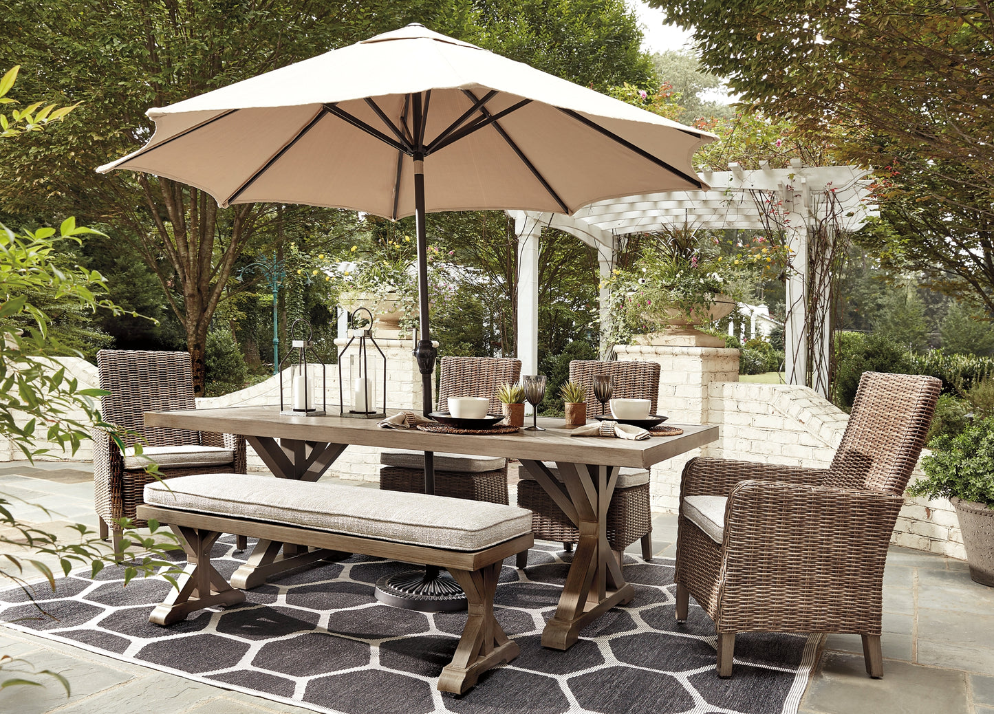 Beachcroft Outdoor Dining Table and 4 Chairs and Bench