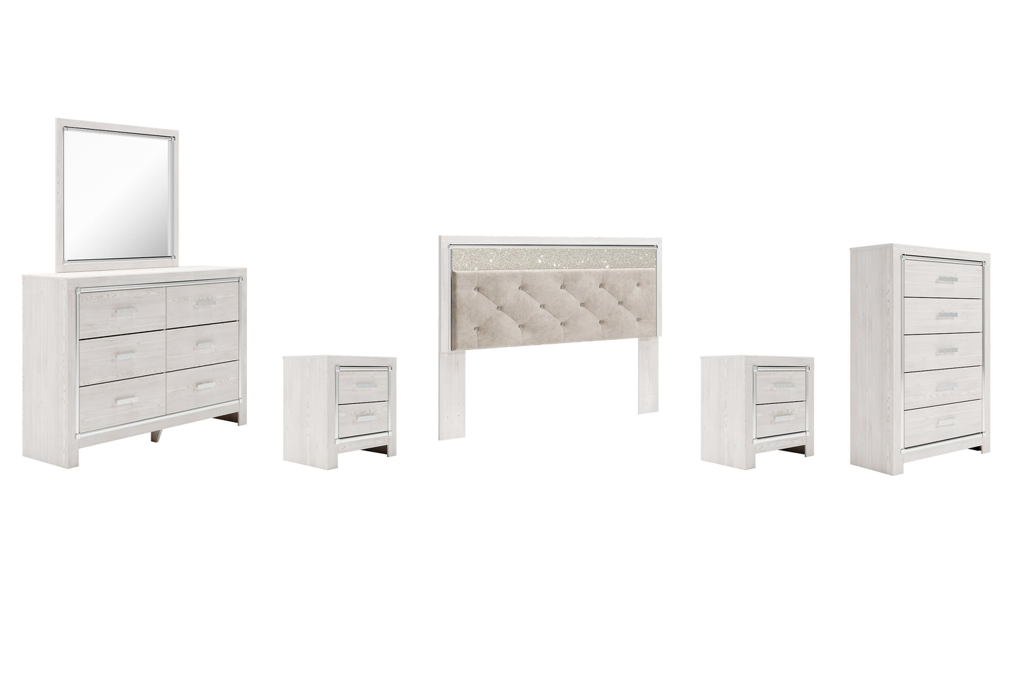 Altyra King Panel Headboard with Mirrored Dresser, Chest and 2 Nightstands