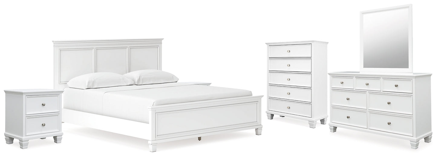 Fortman California King Panel Bed with Mirrored Dresser, Chest and 2 Nightstands